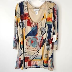 Peck & Peck Colorful Artsy Lagenlook Mesh Lined Scoop Neck 3/4 Sleeve Tunic Top